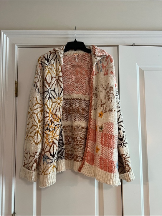 Free People Sweaters - Free People Patchwork Open-Front Cardigan - Cream, Pink & Mustard